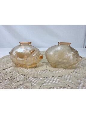 Vintage Marigold Carnival Glass Pig Piggy Bank Set Iridescent Glass